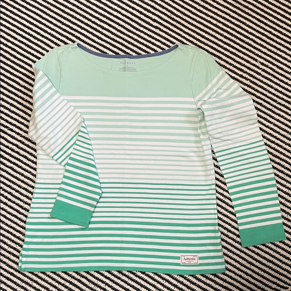 Talbots Boat Neck Green and White Graduated Stripes Long Sleeve Cotton Tee